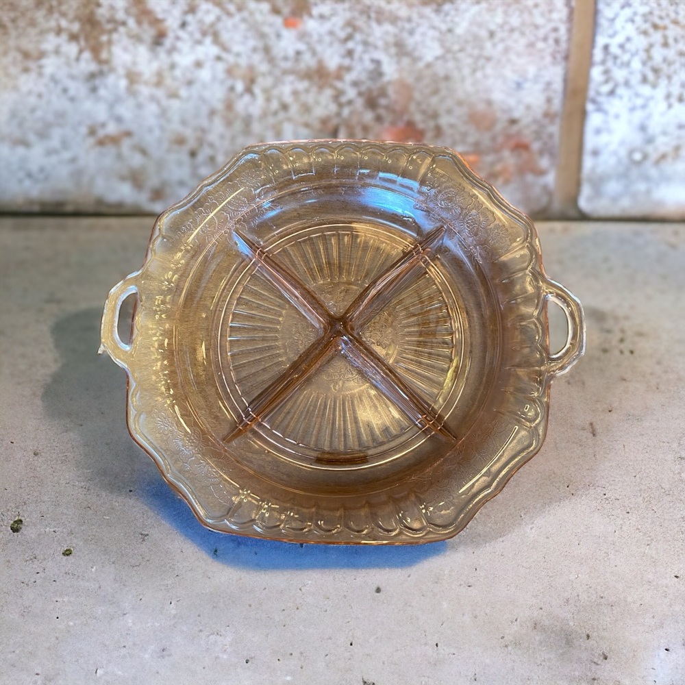 Vintage Anchor Hocking Pink Depression Glass Mayfair Open Rose Relish Dish